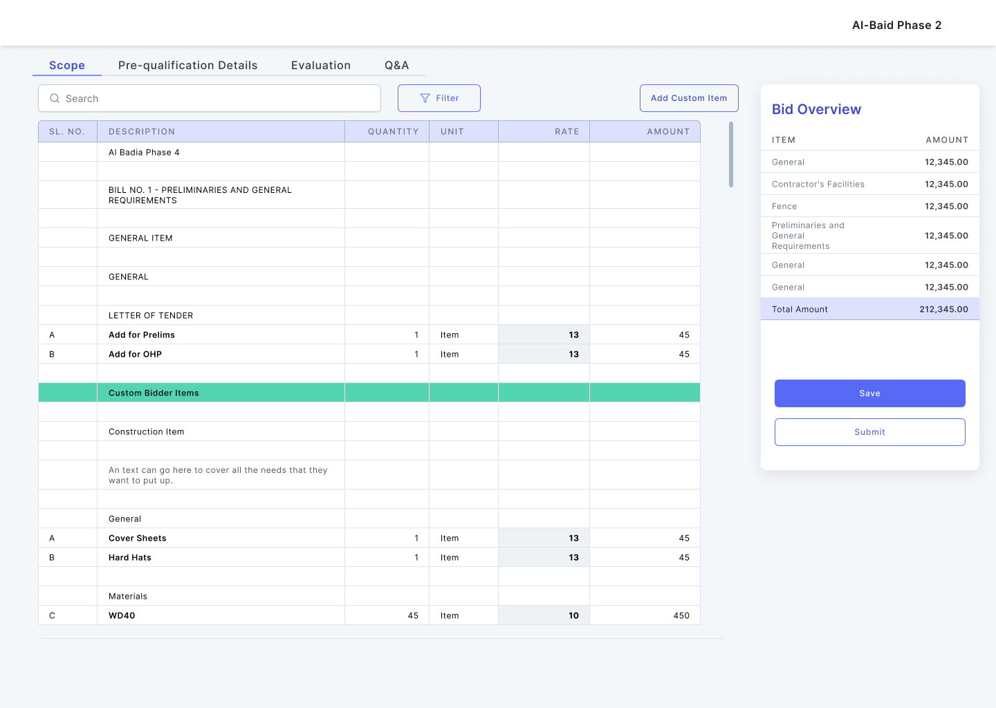Shipped solution — in-app editable scope grid with Bid Overview
