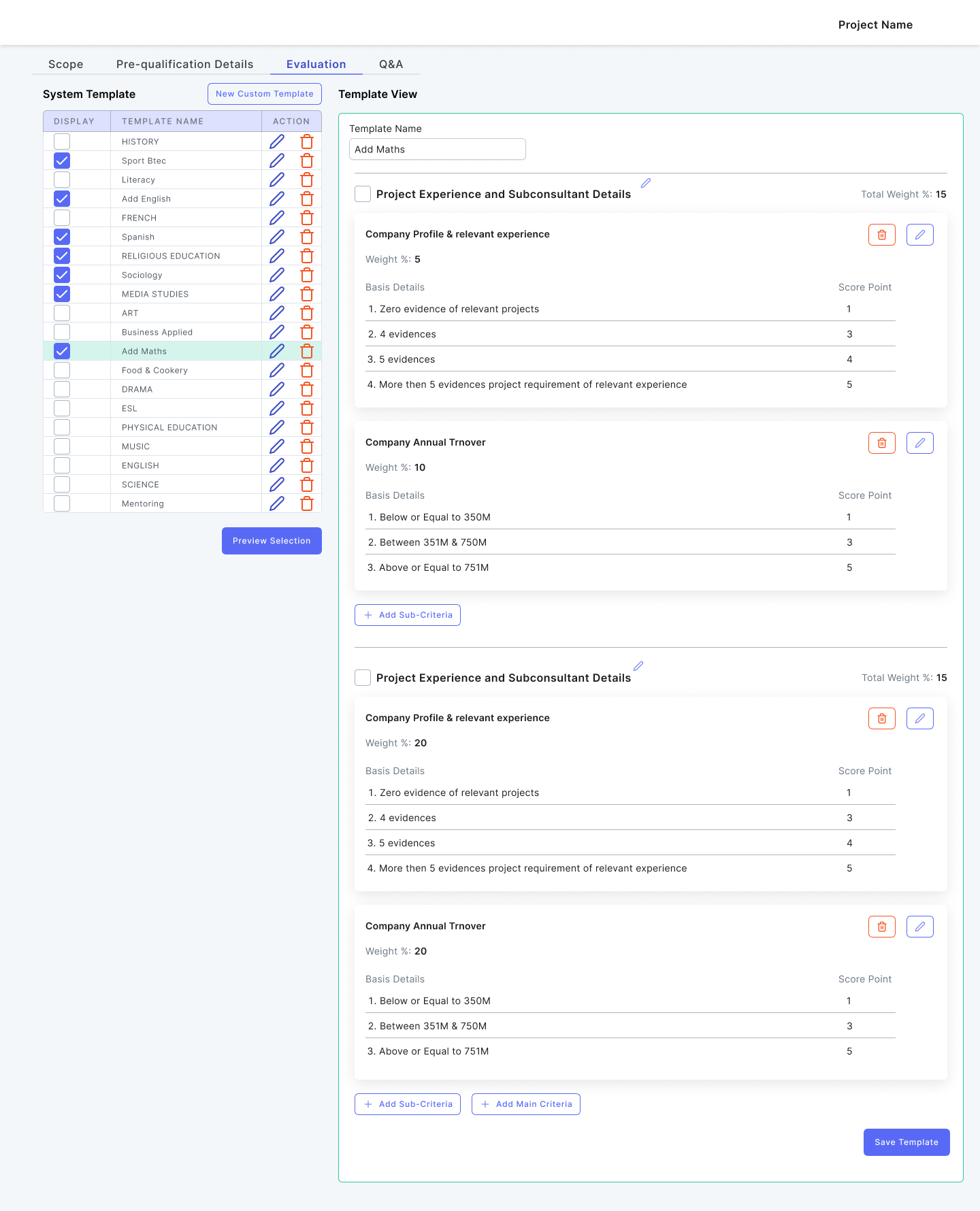 Evaluation criteria builder