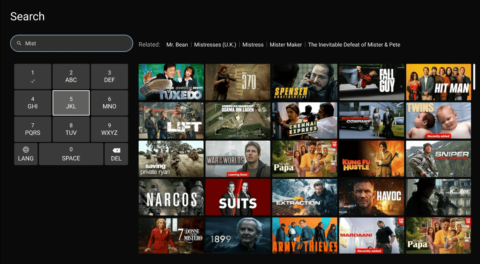 Smart TV virtual keyboard with D-pad navigation - highlight moving between keys (5 JKL, 0 SPACE, DEL)